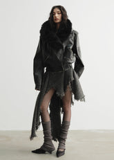 Genderless Wrap PU Leather Jacket with Fur Collar